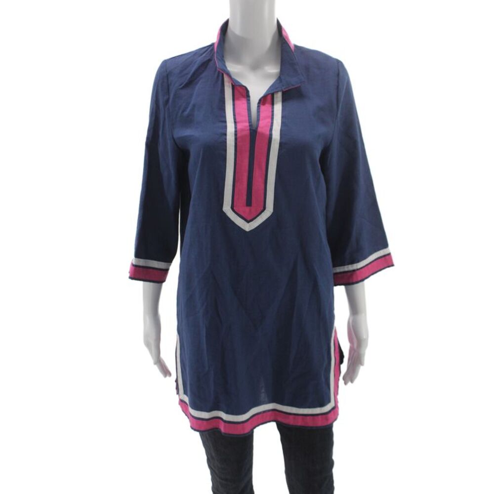 Les Canebiers Women Collared Blue Tunic 3/4 Sleeve Pullover Size L